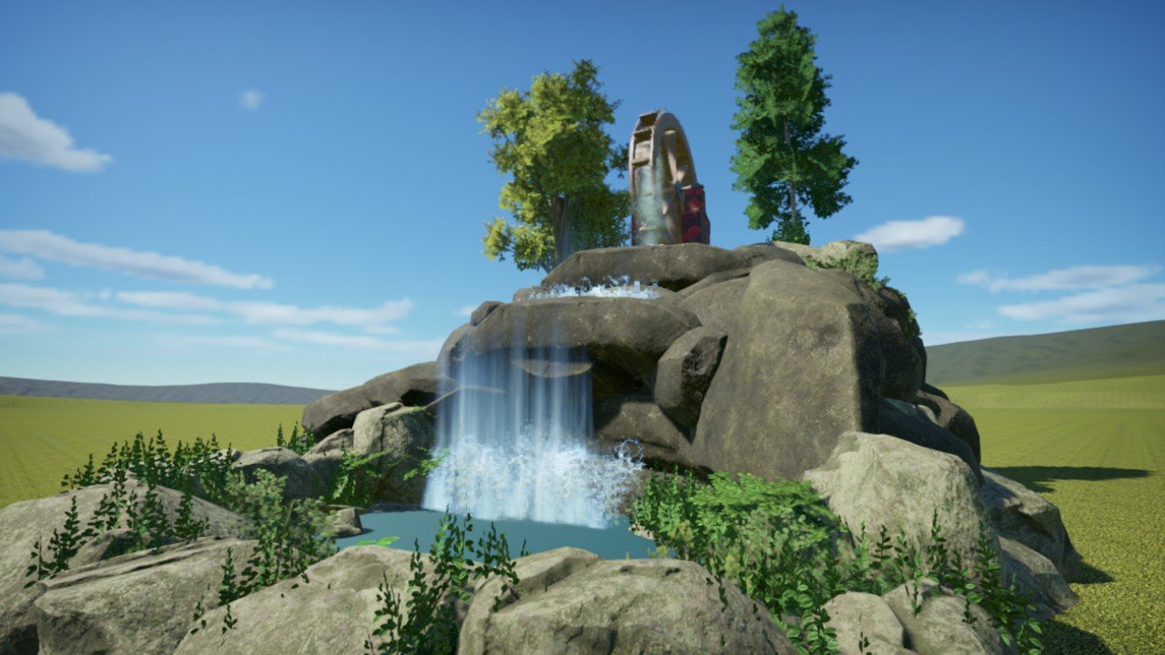 Waterwheel waterfall and rockpool feature Planet Coaster